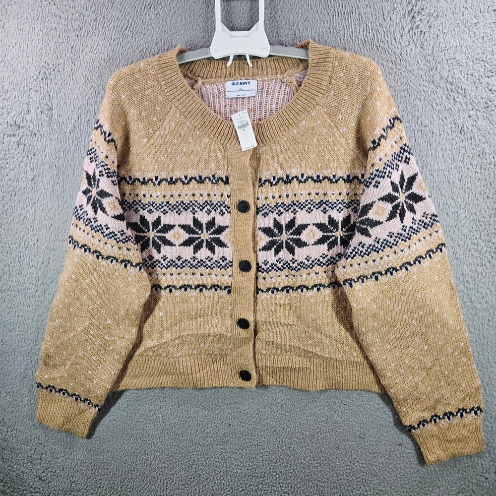 Old Navy XXL Fair Isle Snowflake Cardigan Sweater Tan Pink Black NWT NEW